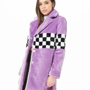 Checkered-Panel Faux Fur Coat, purple
